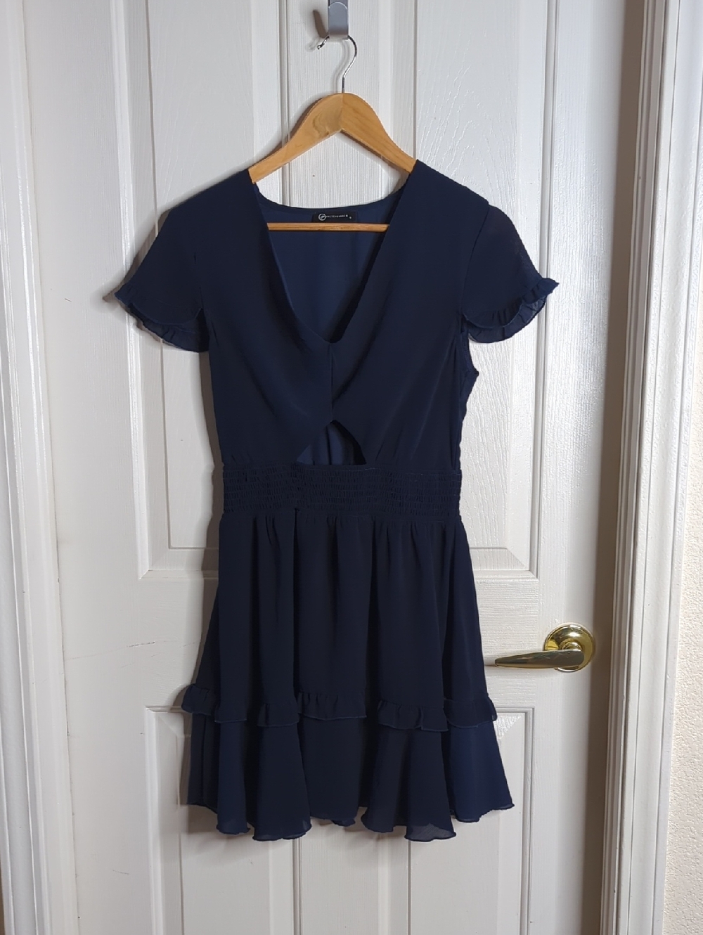 Prettygarden Navy Blue Tiered Mini Dress Flutter Sleeve Smocked Waist Size S